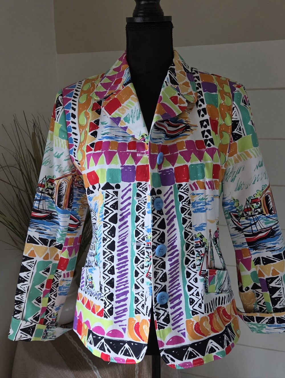 Harvé Benard 12P Blazer Sailboat Geometric 90s Pop Art To Wear Vintage Jacket